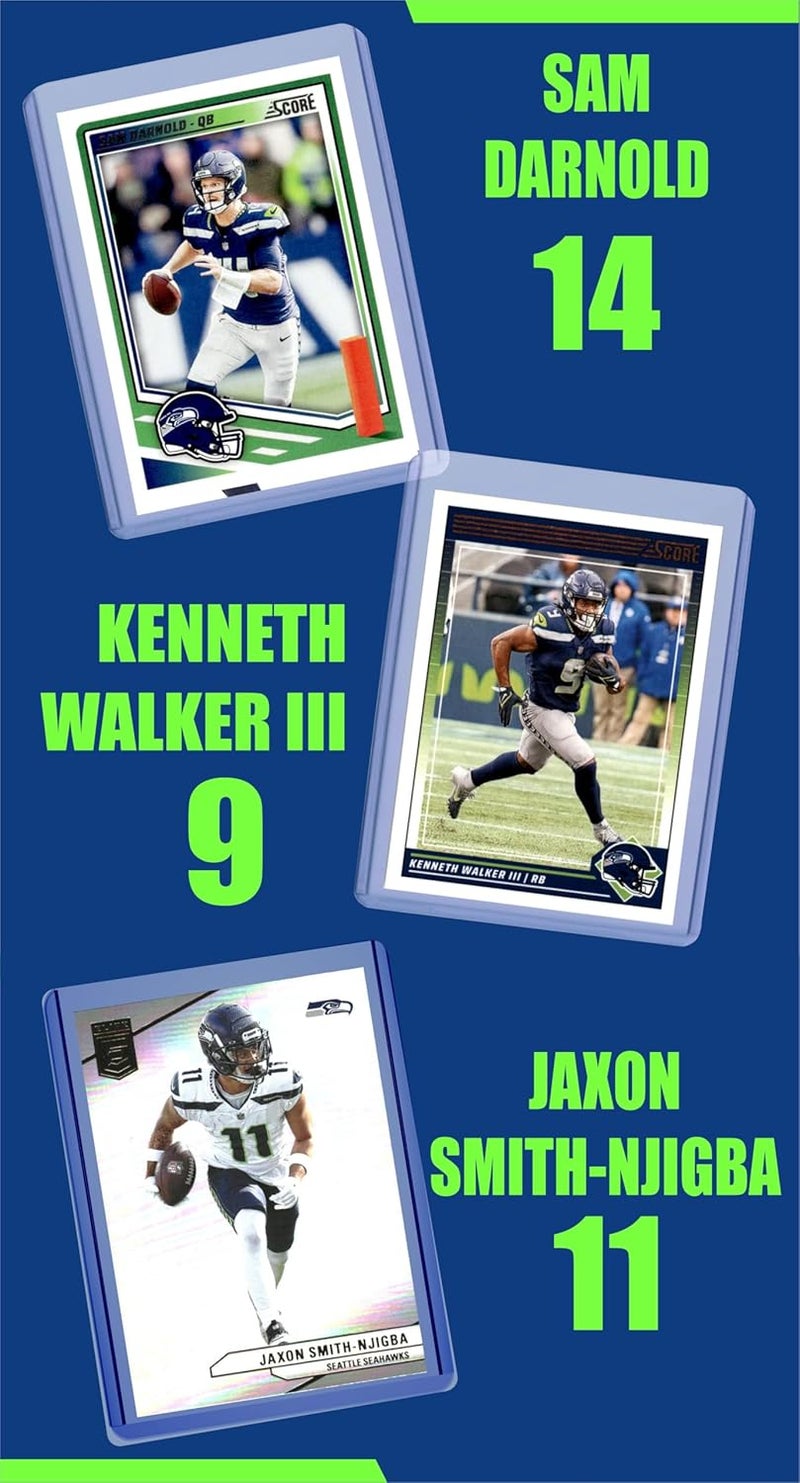 Chaser Seattle Seahawks Cards: Sam Darnold, Kenneth Walker III, Jaxon Smith-Njigba, Tyler Lockett, Cooper Kupp, Marquez Valdes-Scantling, Shaun Alexander, and Russell Wilson ASSORTED Football Stars & GOATs Trading Card & Wristbands Gift Pack - Image 2